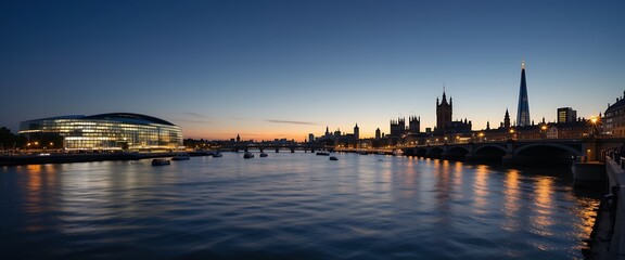 Obraz premium Panoramic twilight view of london skyline with river thames and illuminated landmark buildings