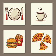 Four Squares of Food Plate Coffee Burger and Fries and Pizza