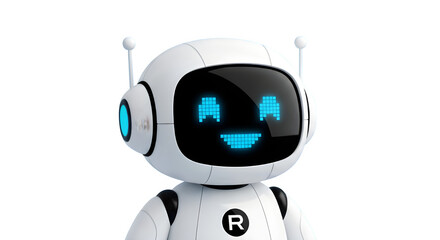 Smiling friendly robot avatar with glowing blue face represents modern technology and AI innovation for business