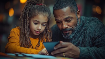 A man and a girl engage with a smartphone, sharing a moment of learning and connection.