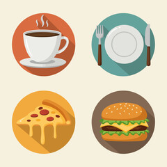 Colorful Food Icons Set Featuring Coffee Place Setting Pizza and Burger