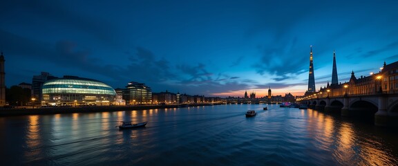 Obraz premium panoramic twilight view of river city skyline featuring illuminated modern and historic buildings