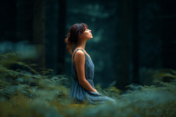 woman breathing deeply in peaceful forest nature © ShadowHero