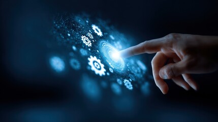 A hand touches a glowing interface with gears and circuits, illustrating technological interaction