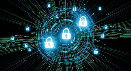 Obraz premium Digital illustration showing padlocks with glowing lines suggesting network security.