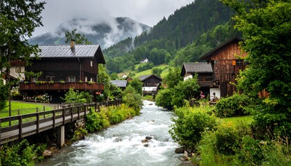 Mountain village stream, dark wood homes, lush green valley
