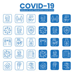 COVID-19 Prevention and Health Safety Line Icons Set &ndash; Medical, Virus Protection, Hygiene, Vaccination