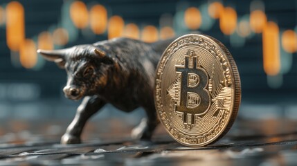 Powerful bull and bitcoin coin together symbolizing strength and optimism in financial markets and economic growth