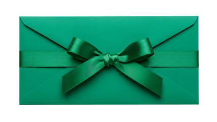 Green envelope with a decorative green ribbon and bow, isolated on transparent background png