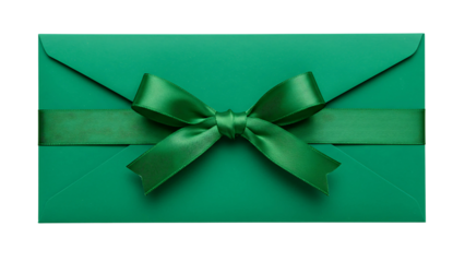 Green envelope with a decorative green ribbon and bow, isolated on transparent background for gift-giving, celebrations