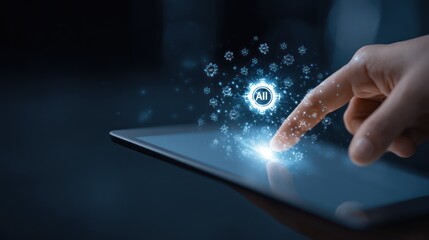 Finger touches tablet, creating glowing AI effects in air; dark background