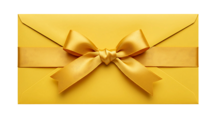 Yellow envelope with a decorative yellow ribbon and bow, isolated on transparent background for gift-giving