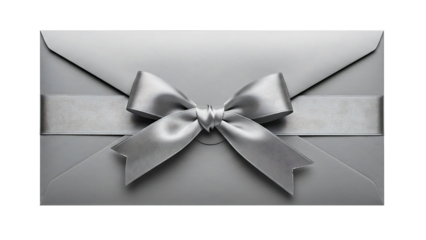Gray envelope with a decorative gray ribbon and bow, isolated on transparent background for gift-giving, celebrations