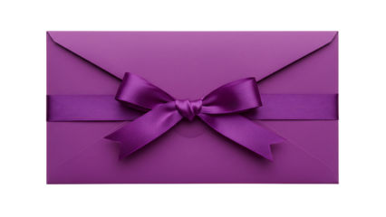 Purple envelope with a decorative purple ribbon and bow, isolated on transparent background for gift-giving, celebrations, and special occasions