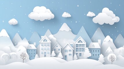 Fototapeta premium Whimsical winter townscape with snowy houses, mountains, clouds, in a paper-cut style