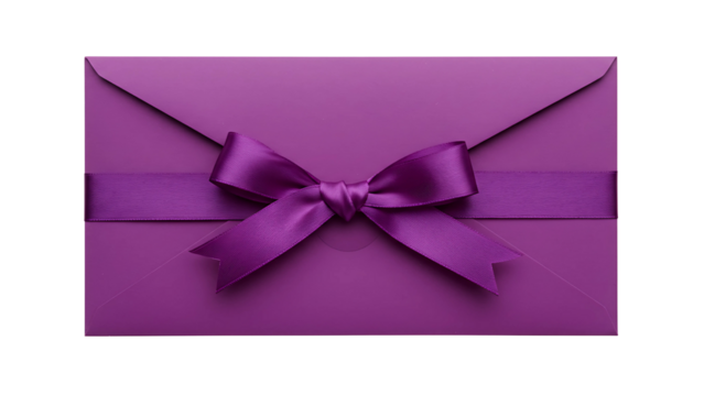 Purple envelope with a decorative purple ribbon and bow, isolated on transparent background for gift-giving, celebrations, and special occasions