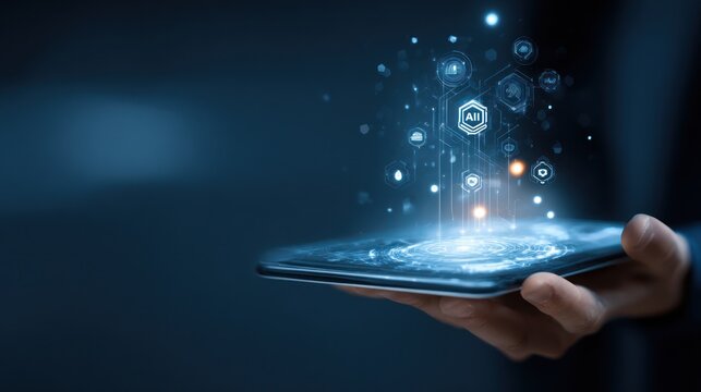 Hand holding tablet with digital interface showing interconnected data icons