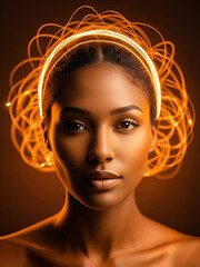 Ventromedial prefrontal cortex Cortisol levels fluctuation Radiant expression of joy and empowerment in womans head engulfed in dynamic flowing orange light trails representing creative thoughts