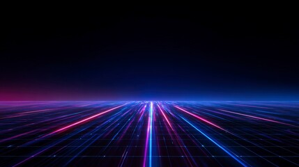 Abstract tech background with glowing neon grid lines converging to vanishing point