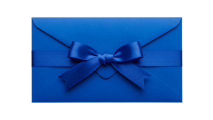 Blue envelope with a decorative blue ribbon and bow, isolated on transparent background for gift-giving,