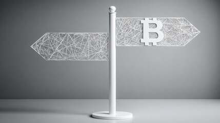 Clear white sign featuring bitcoin as a symbol of price shifting in cryptocurrency market with visual elements