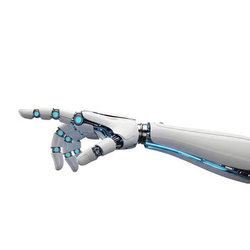 Futuristic robotic hand pointing forward with glowing blue accents, perfect for technology, AI, and innovation visuals