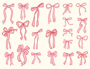Hand drawn elegant pink bows and ribbons. Minimalist drawing sketch. Vintage vector illustration. Perfect for holiday poster, greeting cards, wedding invitations