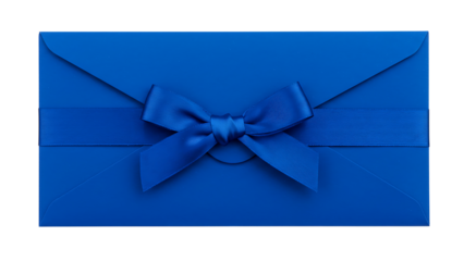 Blue envelope with a decorative blue ribbon and bow, isolated on transparent background for gift-giving, celebrations, and special occasions