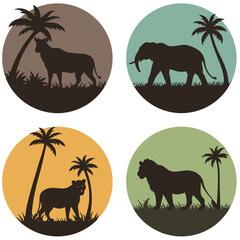African Safari Animals Silhouettes with Palm Trees