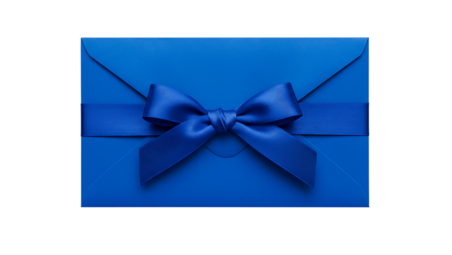 Blue envelope with a decorative blue ribbon and bow, isolated on transparent background for gift-giving, celebrations