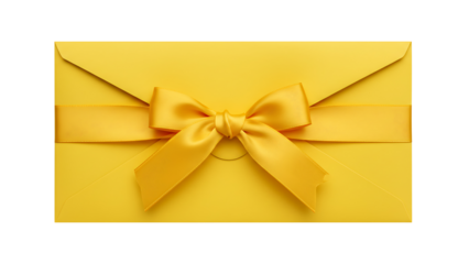 Yellow envelope with a decorative yellow ribbon and bow, isolated on transparent background for gift-giving, celebrations, and special occasions