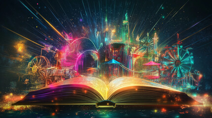 Open magic book, stories and educational stories floating, attraction park in miniatures that leaves the interior of the book with colors and fun