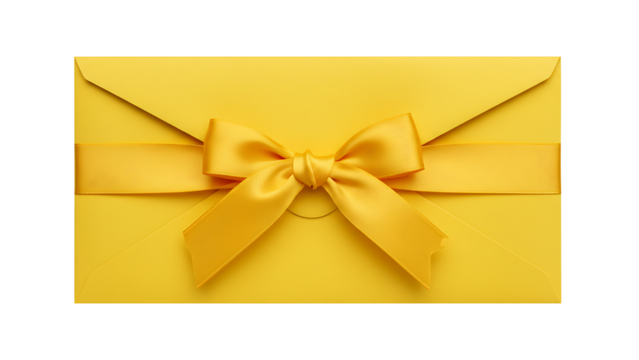 Yellow envelope with a decorative yellow ribbon and bow, isolated on transparent background for gift-giving, celebrations, and special occasions