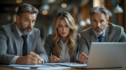 Three professionals in suits focus intently on a laptop during a meeting.