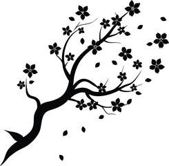 Obraz premium Black silhouette of a blooming cherry blossom tree with falling petals isolated on transparent background