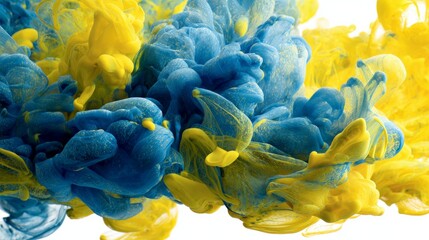 Bright ink swirling in water, abstract clouds ink mixing on white background