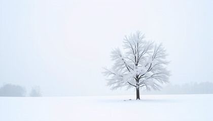 Fototapeta premium Minimalist Winter Landscape with Lone Snow-Covered Tree