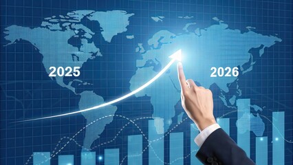Global market growth forecast from 2025 to 2026 with upward trend and hand pointing at the future
