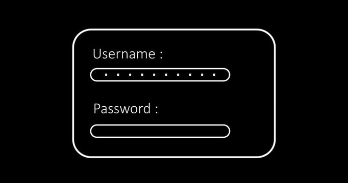 User login credentials simple ui animated page with input fields and asterisk sign for encryption. User login page motion graphic 4K. Typing username and password, system token. 
