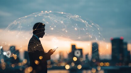 City scene with a businessperson on a smartphone against a skyline, overlaid with holographic global networking lines