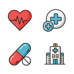 Fototapeta premium Medical Icon Set with Heartbeat Clinic Pill and Hospital Building Illustration