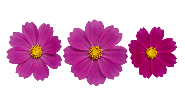 Three deep magenta cosmos flowers with yellow centers, isolated on transparent background for rich floral designs, autumn themes, and dramatic graphics.