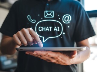 Person using digital tablet with artificial intelligence chat interface technology communication