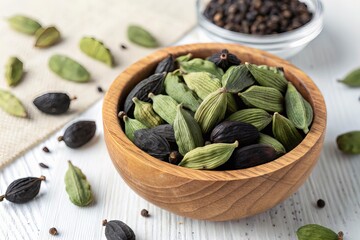 Green and Black Cardamom Pods in Wooden Bowl on White