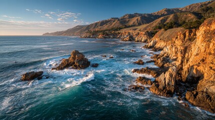 Crystal-clear seascape with waves crashing against rugged coastal cliffs at golden hour