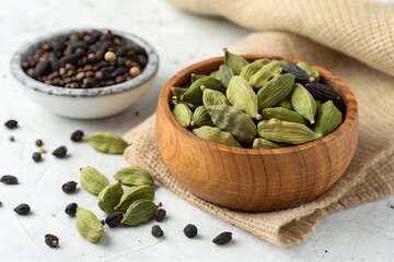 Green and Black Cardamom Pods in Wooden Bowl on White