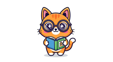 Cute orange tabby cat wearing glasses and reading a book.