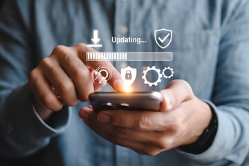 Person updating software on smartphone with digital interface technology