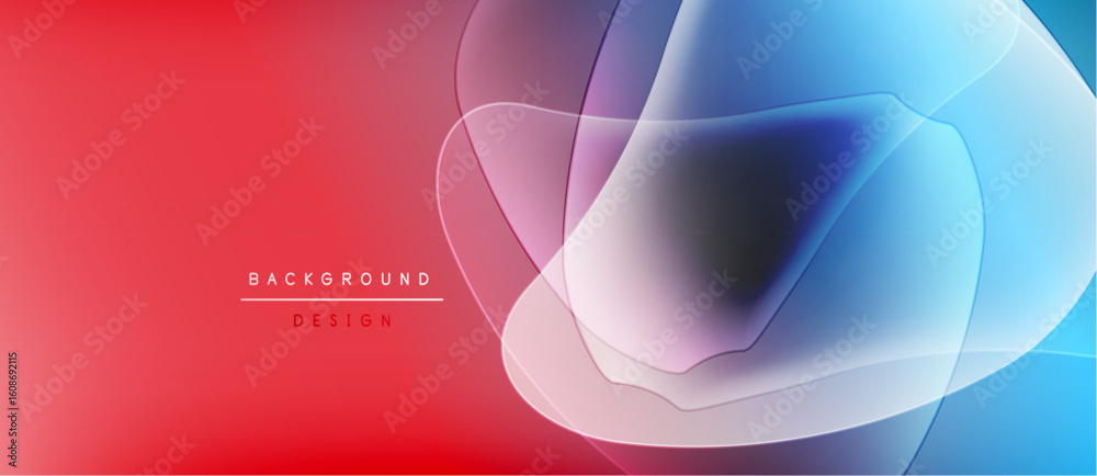 Poster Abstract background features vibrant red, blue gradients. Overlapping translucent shapes create dynamic visual effect. Modern design elements present.