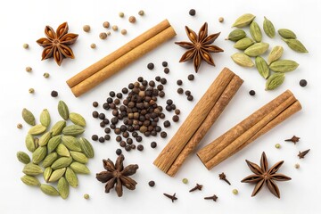 Assorted Whole Indian Spices Arranged Symmetrically on White